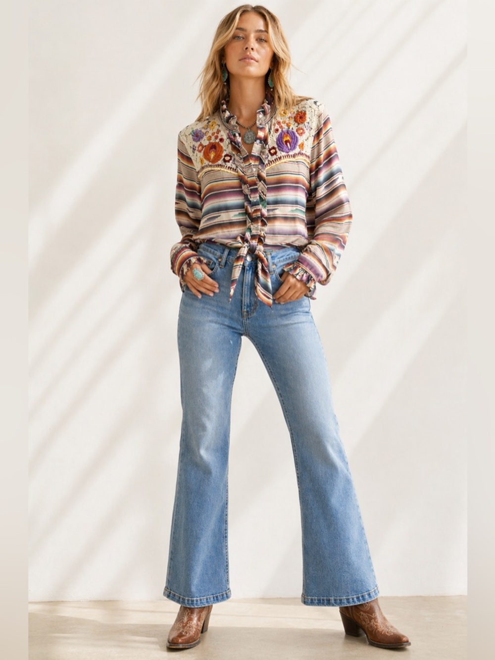 Double D Ranch Santa Rita Blouse Western Pearl Snap Serape Embroidered Boho Top - Picture 11 of 16